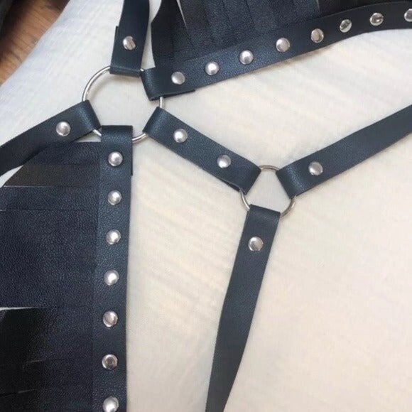 PU Leather Tassel Studded Bra & Bottom Bikini Harness Lingerie Costume Set - Picture 7 of 7